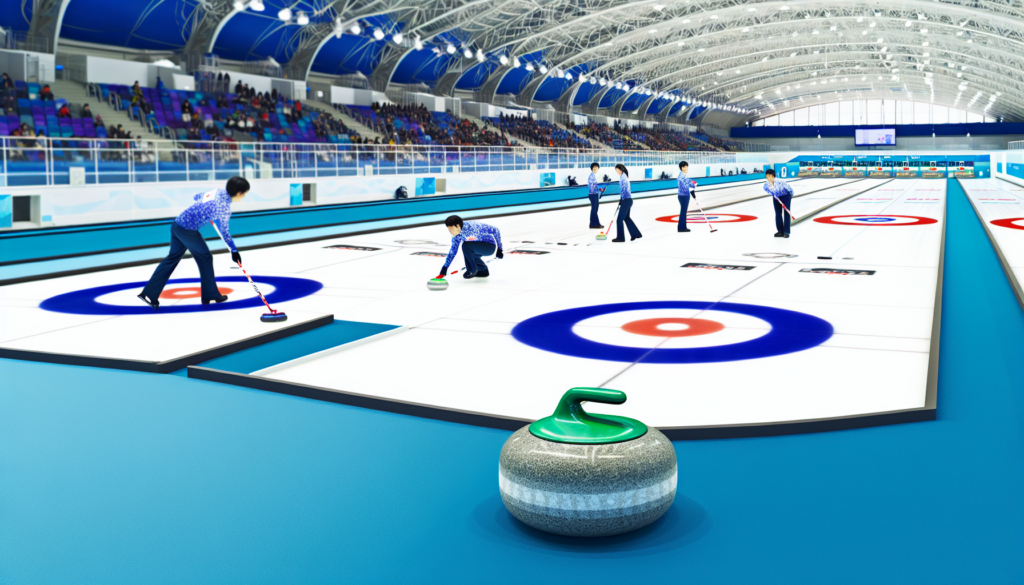 ハウスに向かってストーンを送り、選手がスイープするカーリングの試合イメージ