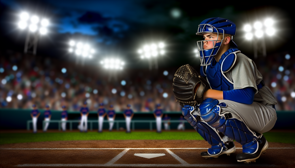 ダルトン・ラッシングをイメージした若いドジャース系捕手が、試合中にマスクを着けて構えるスポーツビジュアル。背景にはスタジアムの照明と緊張感のあるゲームの雰囲気が広がる.