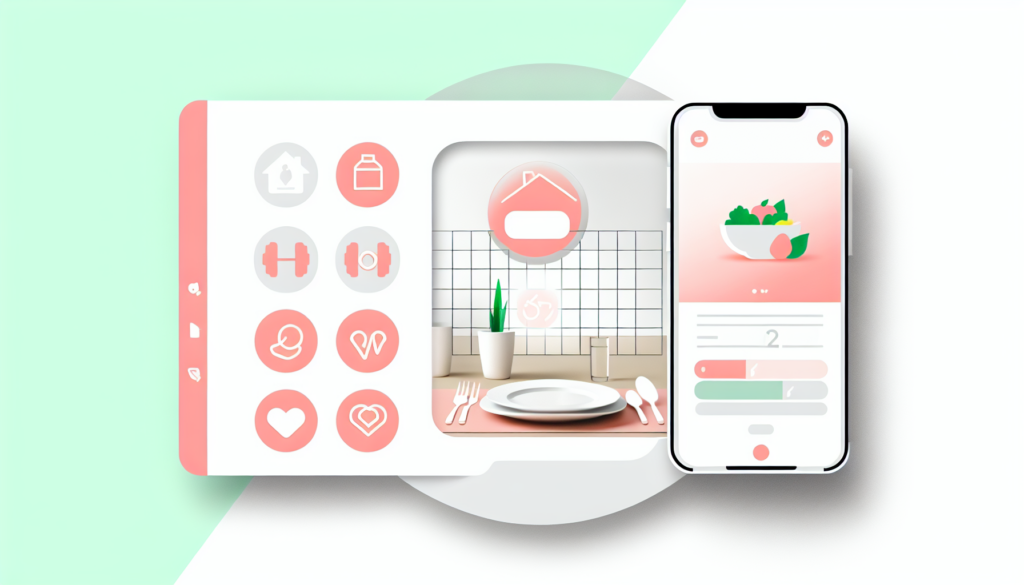 ダイエットの始め方として食事・宅トレ・アプリ活用をやさしく示したイラスト