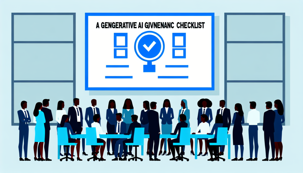 法務・情シス・現場が生成AI活用ガイドラインのチェックリストを確認しているイラスト