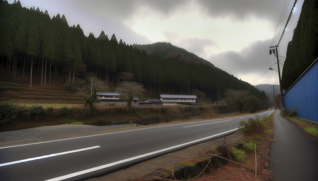 京都府南丹市の山あいの道路と森林を背景に、行方不明事案の緊張感と静かな不安が伝わるサムネイル用ビジュアル。