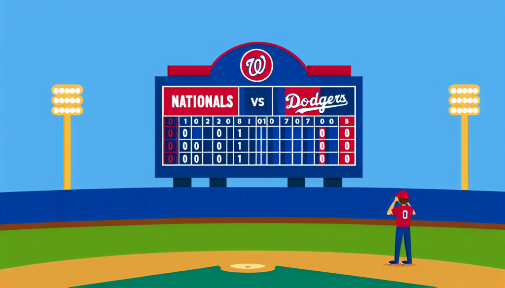 ナショナルズ対ドジャースの速報・日本時間・放送情報を示すスコアボード風サムネイル