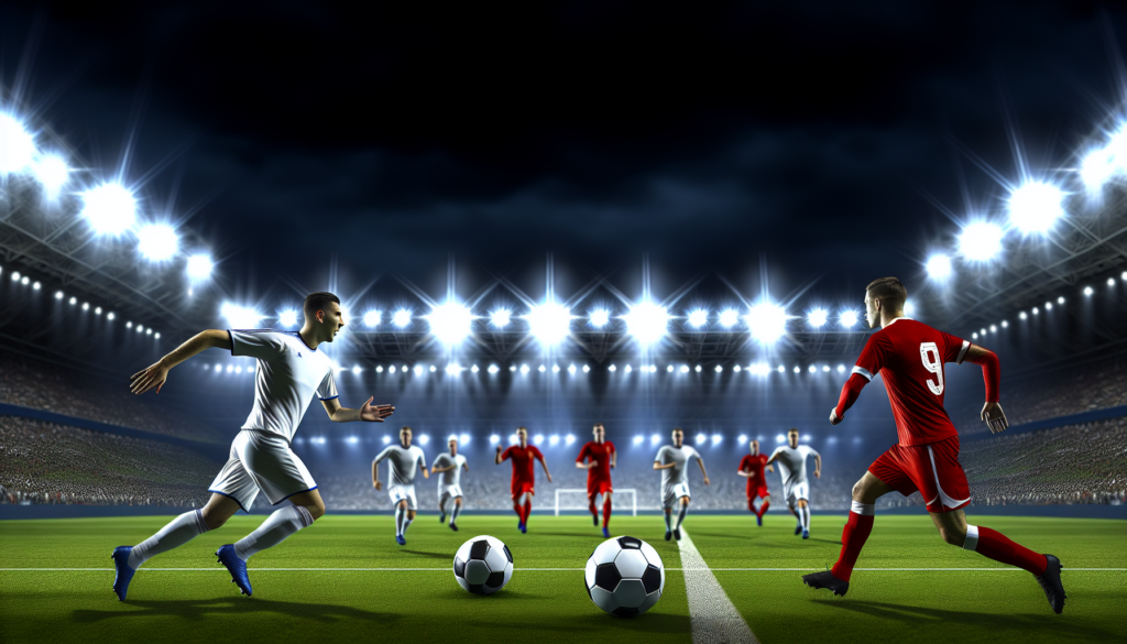 レアル・マドリードとバイエルンのビッグマッチを象徴する、欧州ナイトゲームの緊張感あるスタジアム風景。両クラブを想起させる白と赤を基調に、試合前の高揚感が伝わる構図。