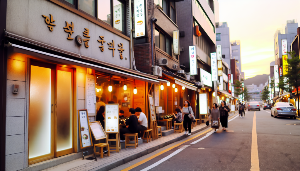 ソウルのソンス洞で人気の飲食店が並ぶ通りを歩きながら、韓国料理の食事先を探せる街歩きの雰囲気が伝わるサムネイル。カフェ街のトレンド感と食事スポットのにぎわいが感じられる構図。