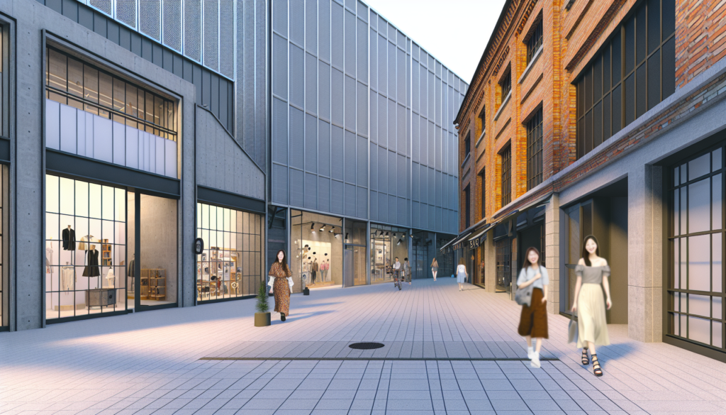 ソウル・聖水洞の工業的な街並みの中に、洗練されたカフェ、コスメショップ、感度の高い店舗が並び、若い旅行者が街歩きを楽しんでいる様子。